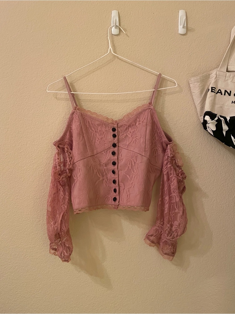 EUC Japanese Brand Melt the Lady Victorian Lace Cold-Shoulder Top in Dusty Rose